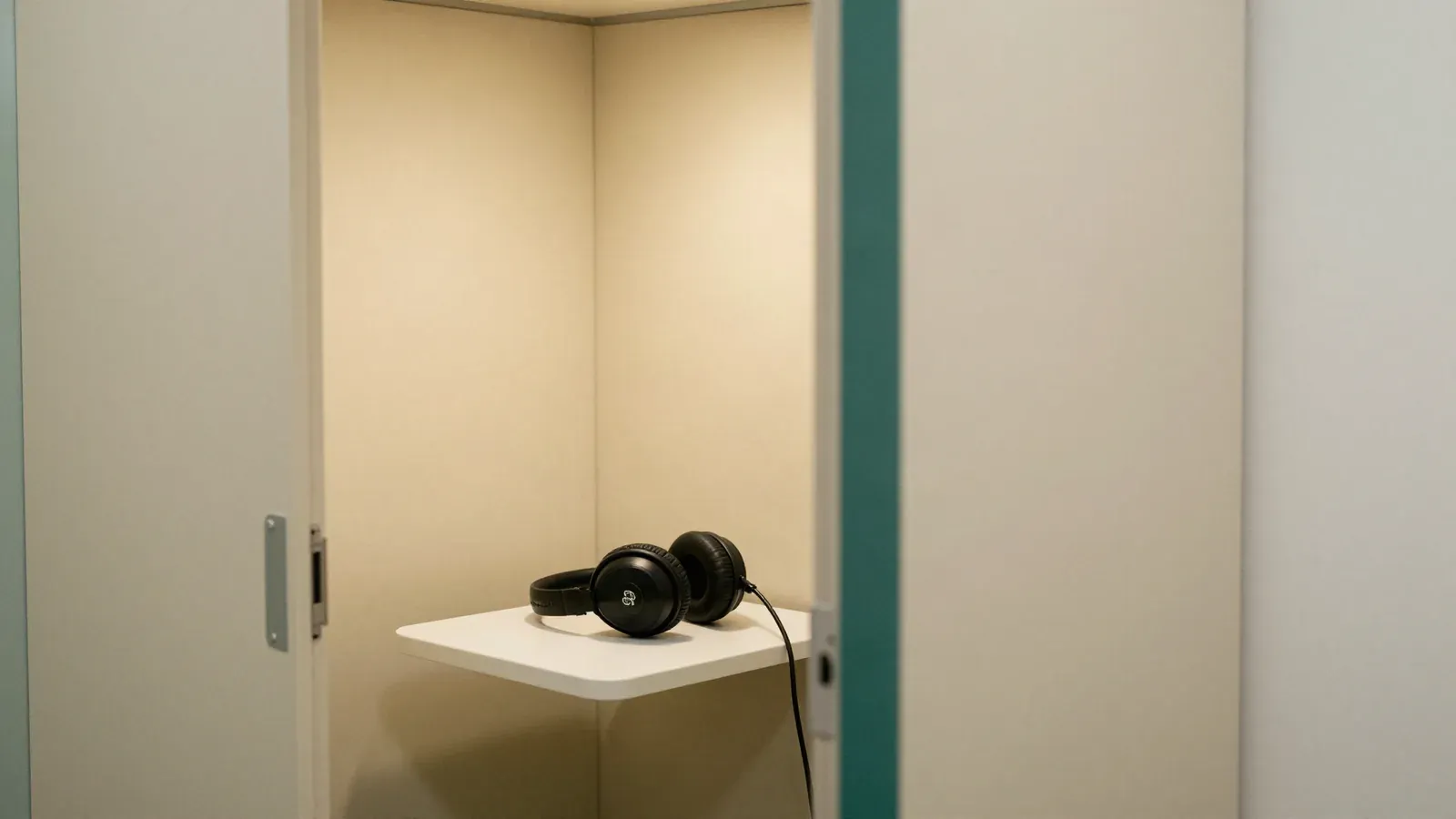Cabine de audiometria com fones sobre a mesa