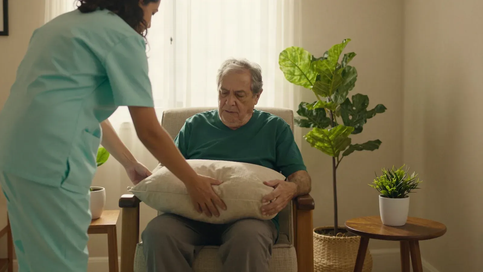Profissional de enfermagem ajusta almofada para uma pessoa idosa na sala de casa