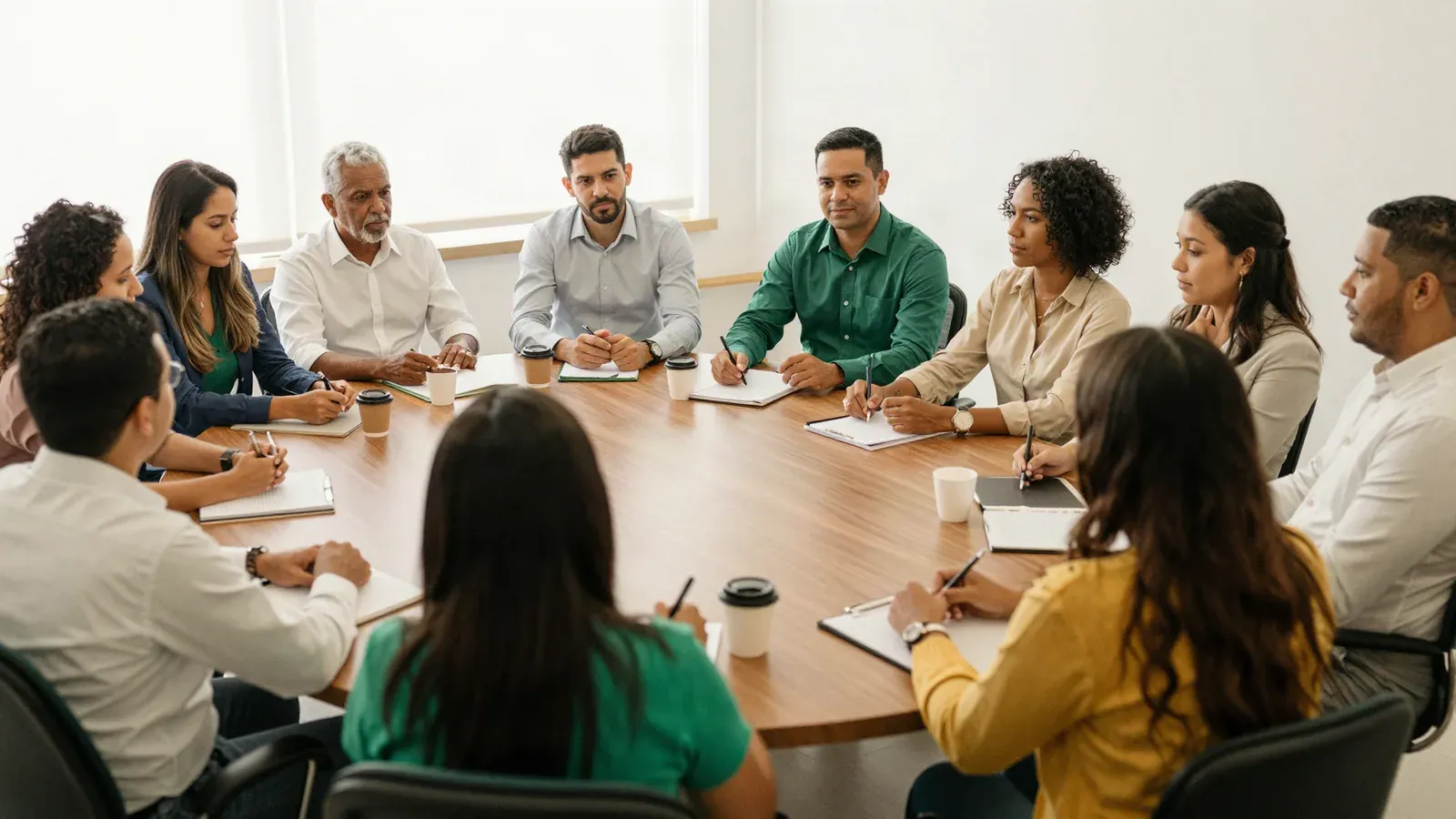 Equipe reunida em volta de uma mesa numa sala de reunião clara