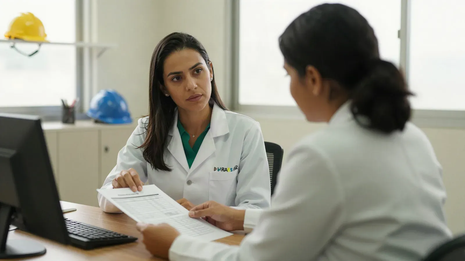 Médica do trabalho conversa com gestora de RH diante de uma planilha, num escritório de fábrica