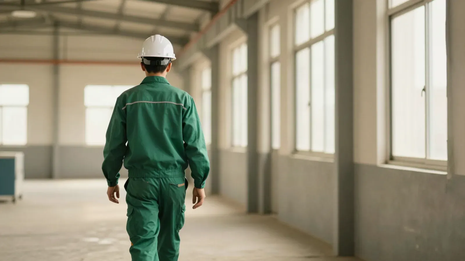Trabalhador de uniforme verde e capacete branco caminhando de volta ao galpão