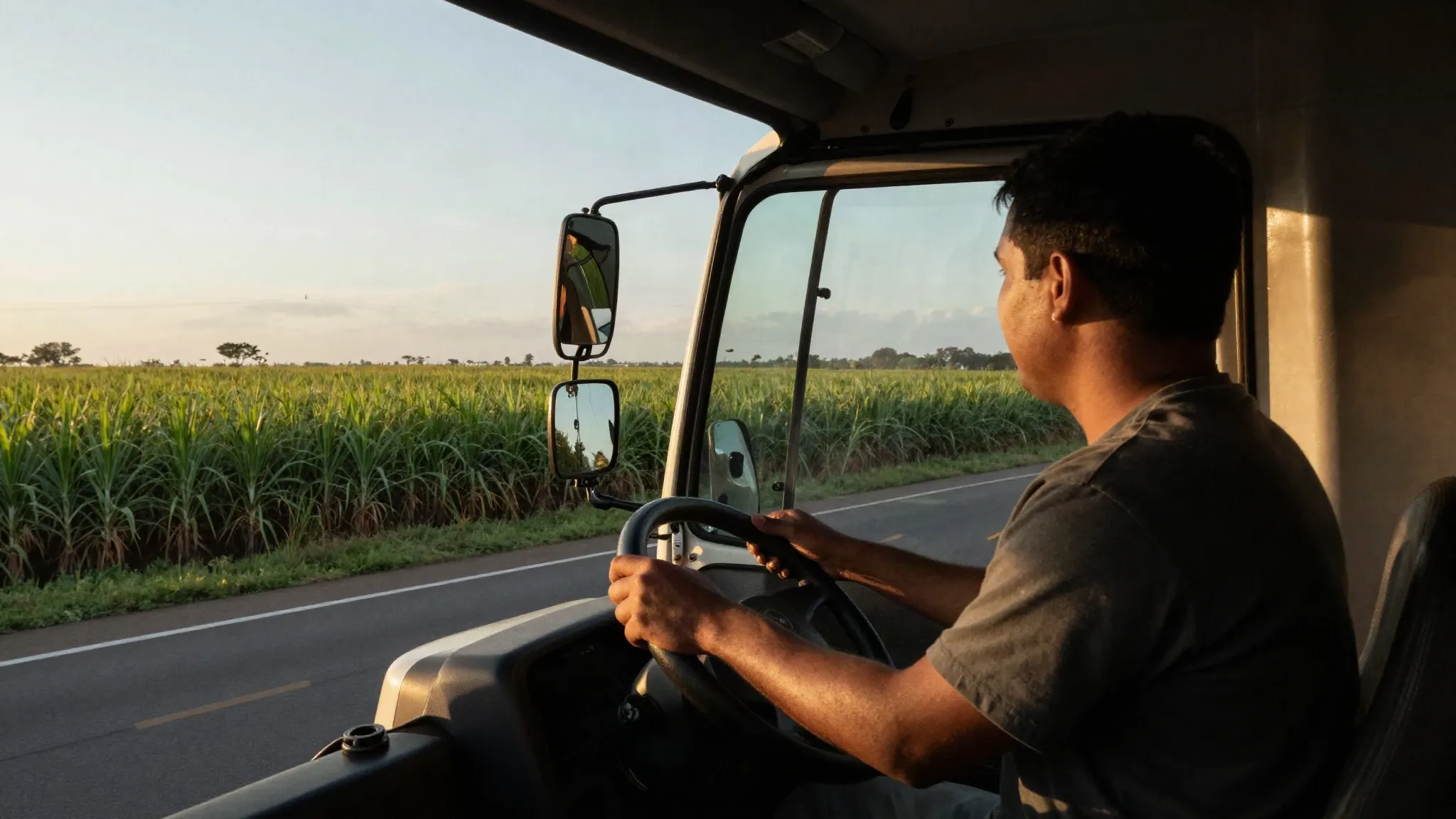Motorista dirigindo um caminhão numa rodovia ao nascer do sol, com canavial ao lado