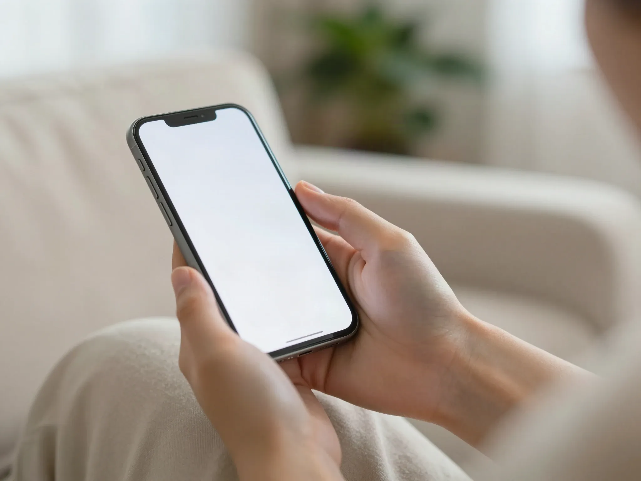Mão segurando um celular na sala de casa, com a tela acesa