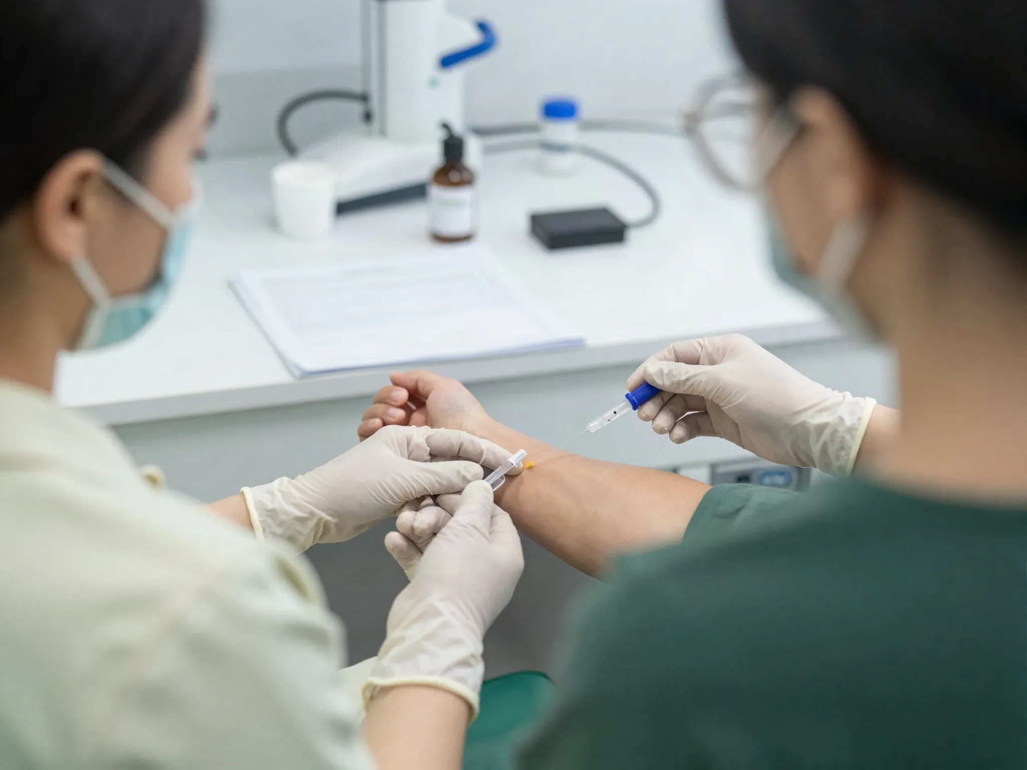 Mãos com luvas fazendo a coleta de sangue no braço de um paciente