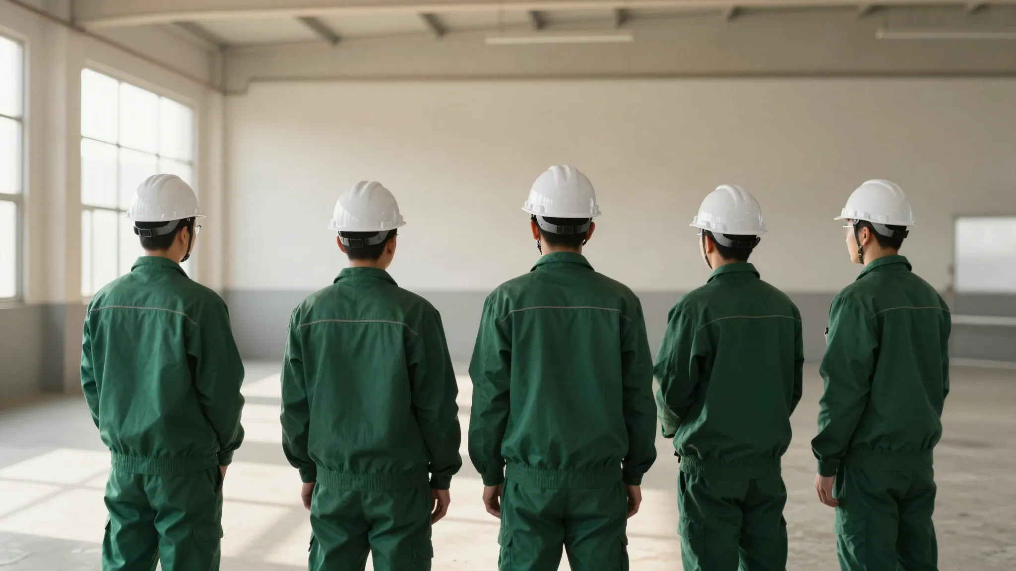 Equipe de cinco trabalhadores de costas, com capacetes brancos e uniformes verdes, num galpão