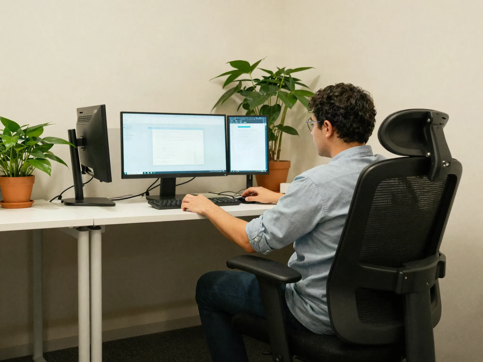Pessoa de costas ajustando cadeira e monitor numa mesa de trabalho ergonômica