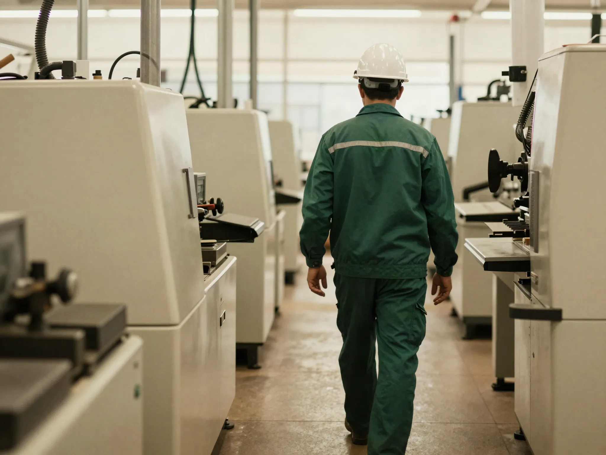 Trabalhador de capacete branco e uniforme verde caminhando entre máquinas numa fábrica iluminada