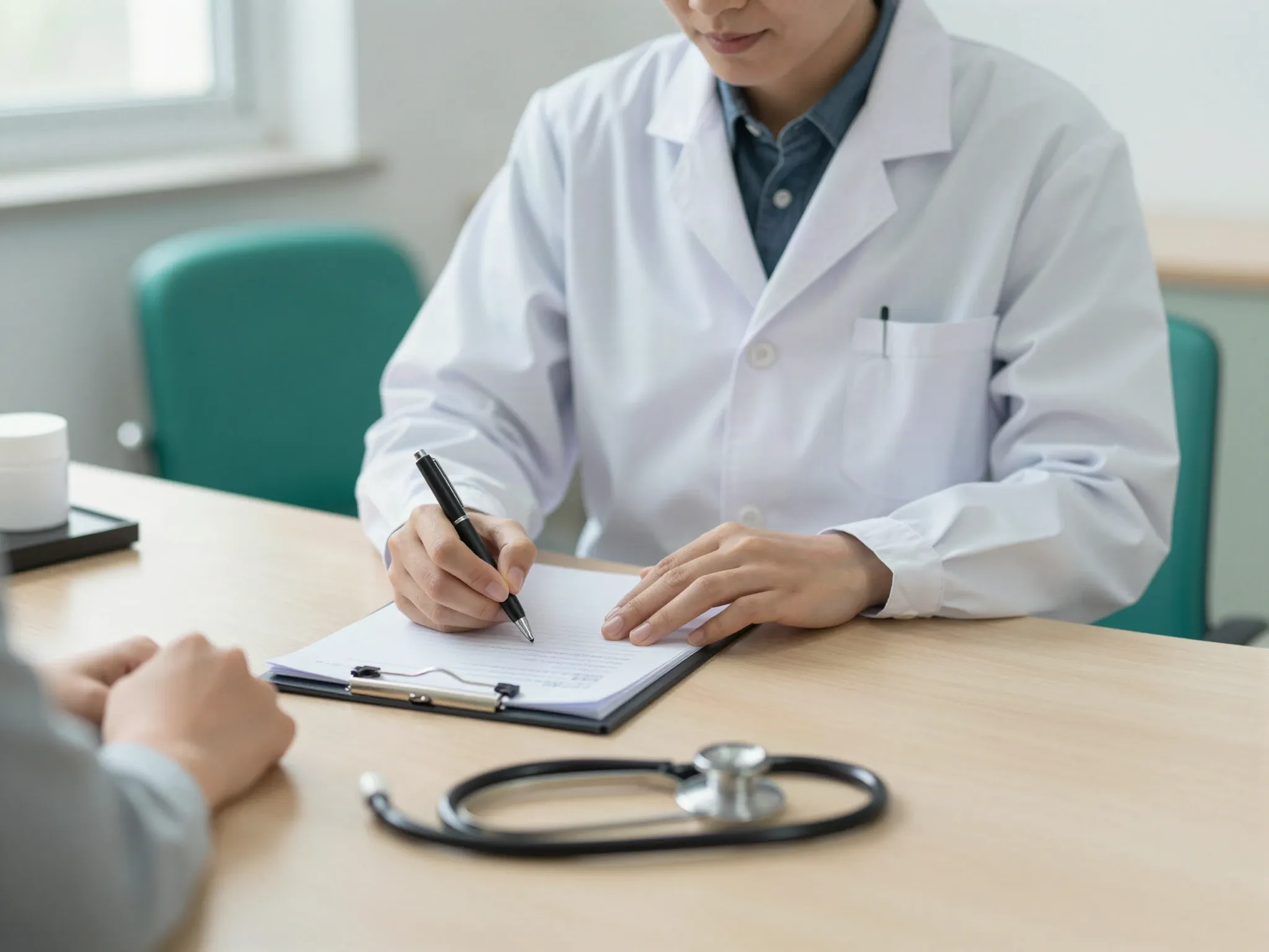 Médico escrevendo numa prancheta sobre a mesa do consultório, com estetoscópio e a mão do paciente ao lado