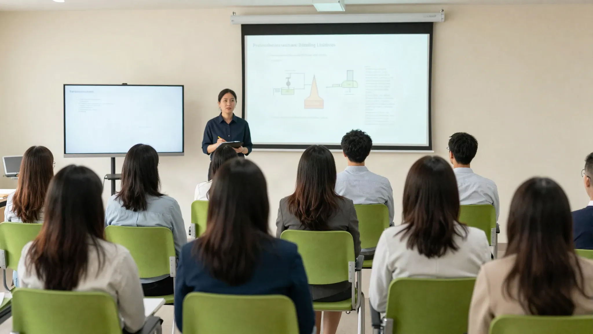 Sala de treinamento vista do fundo, com pessoas assistindo a uma instrução de segurança