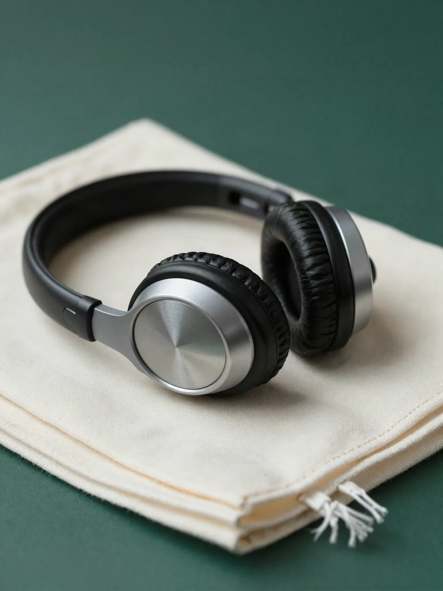 Fones de audiometria sobre um tecido claro